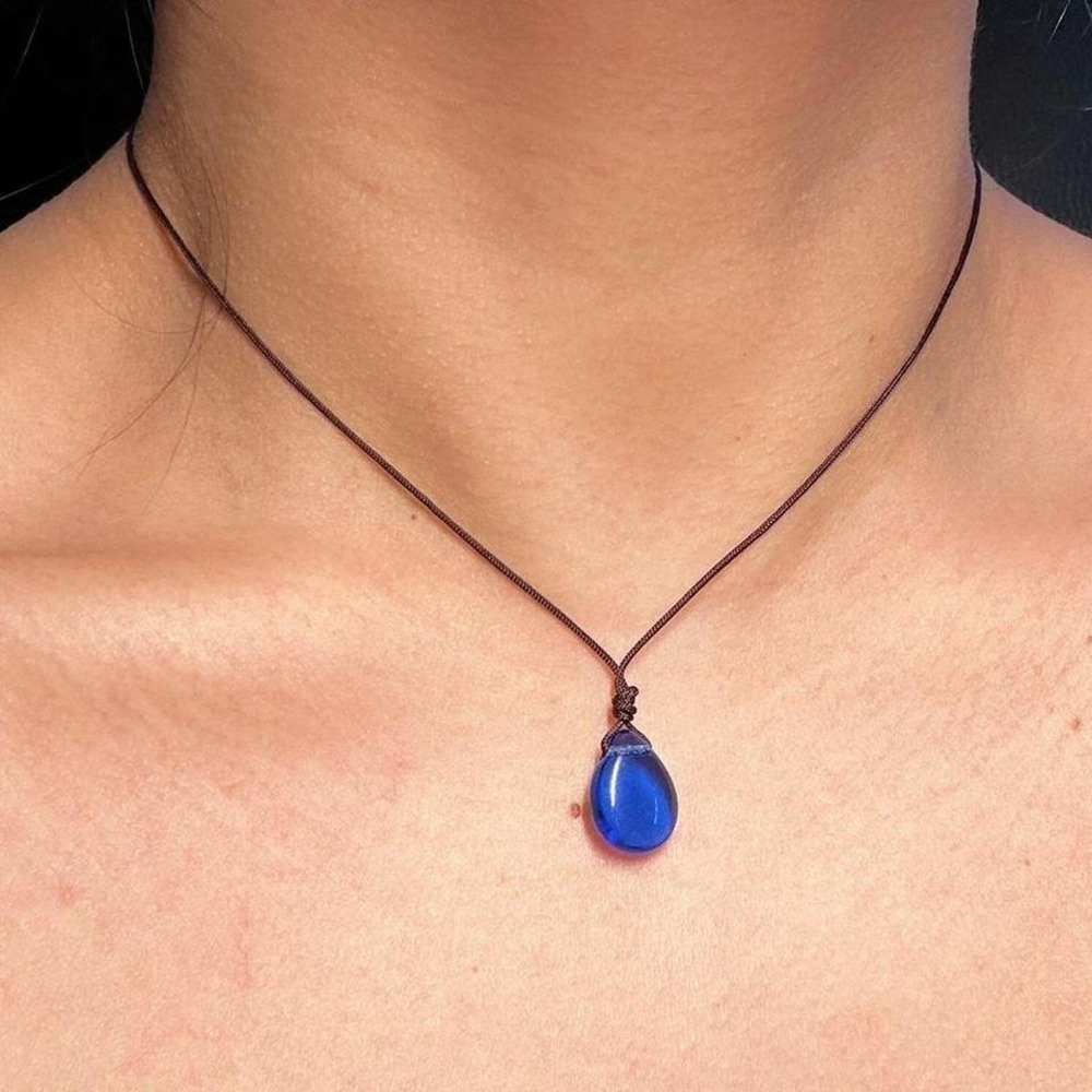 Handmade Blue Czech Glass Drop Necklace Boho Adjustable Brown Dainty Layering